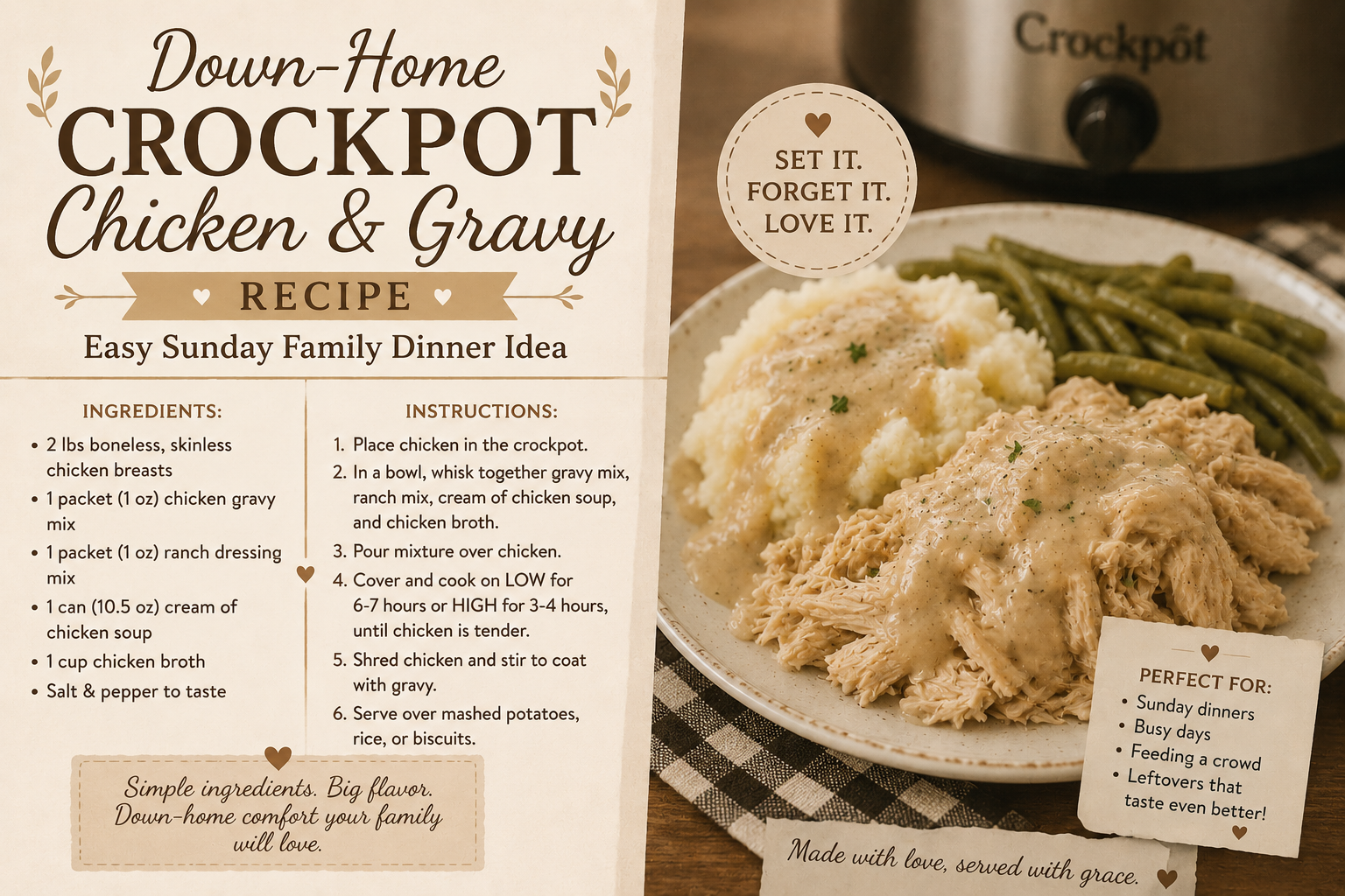 Down-Home Crockpot Chicken & Gravy Recipe (Easy Sunday Family Dinner Idea)