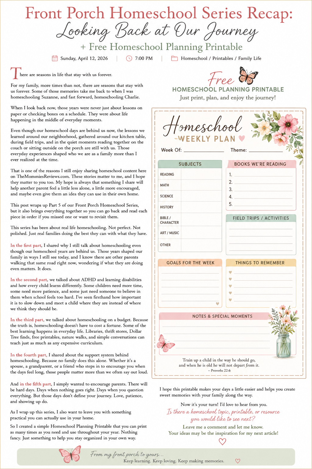 Front Porch Homeschool Series Recap: Looking Back at Our Journey + Free Homeschool Planning Printable